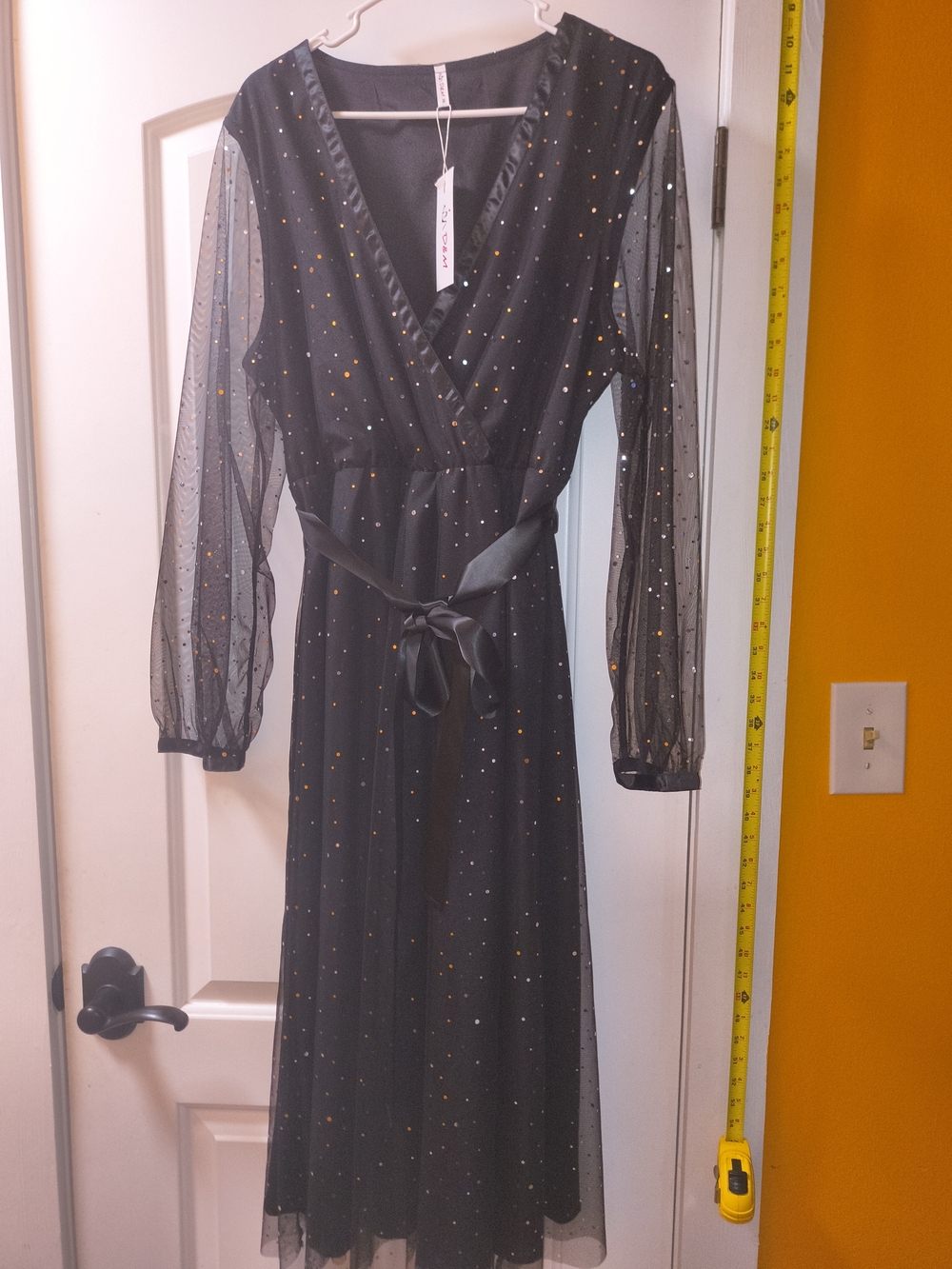 Black Sparkle Mesh Wrap Midi Dress with Sash